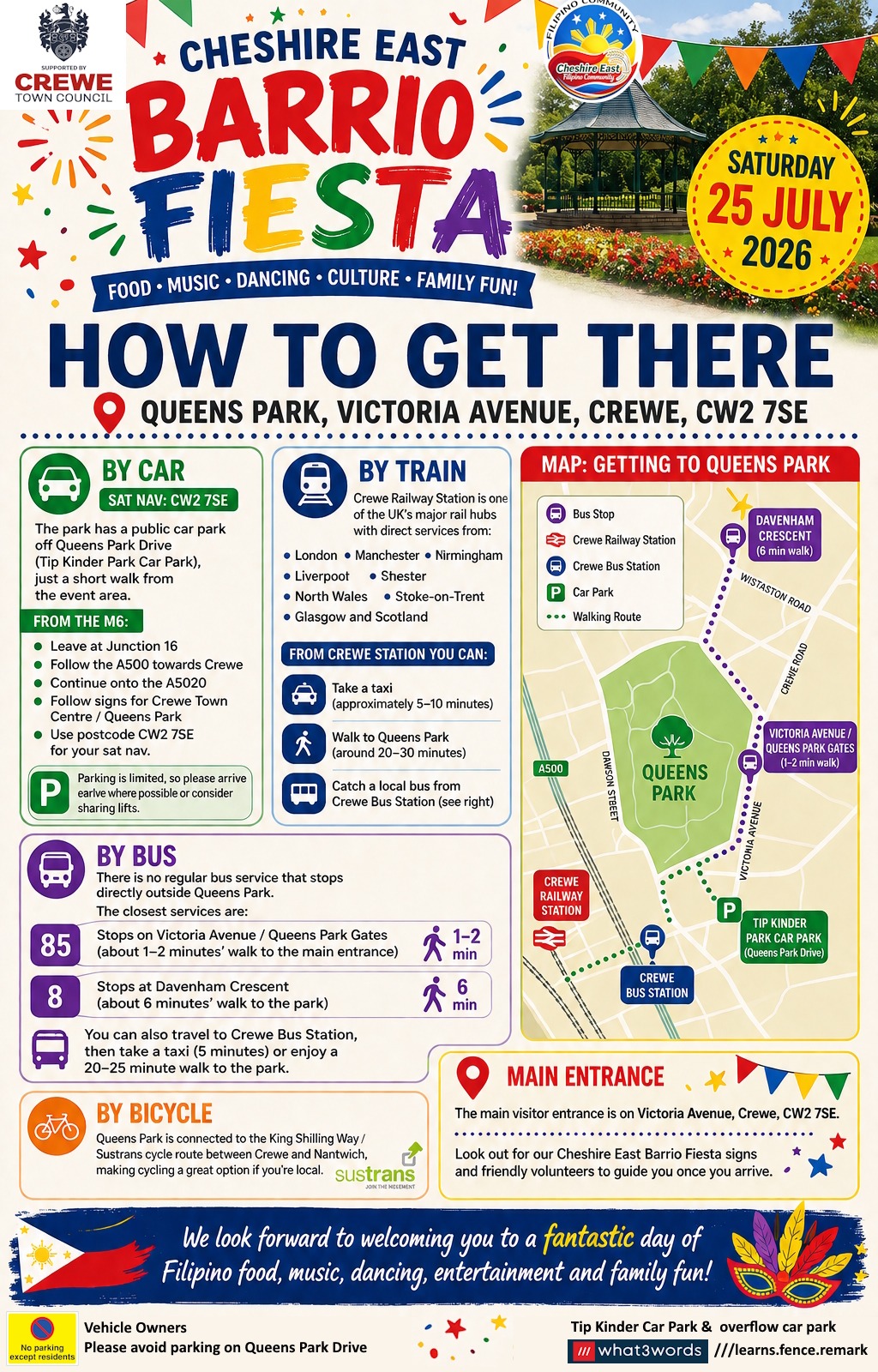 How to get to Cheshire East Barrio Fiesta 2026 at Queens Park, Crewe
