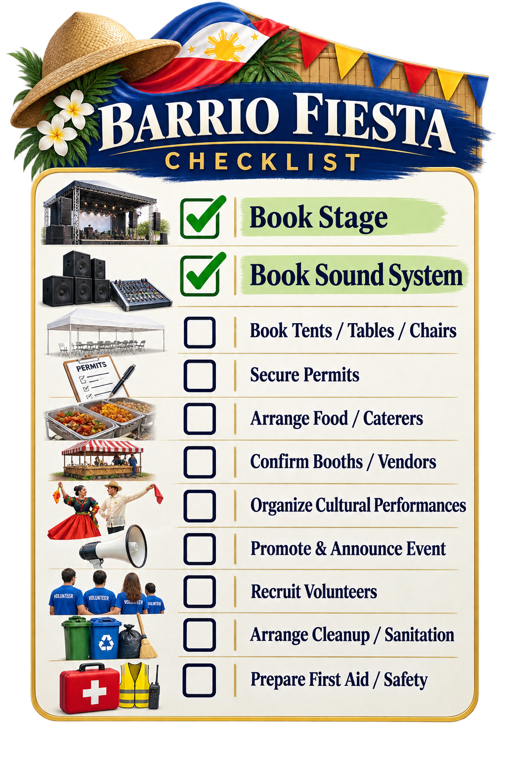 Barrio Fiesta 2027 planning checklist showing stage and sound system booked