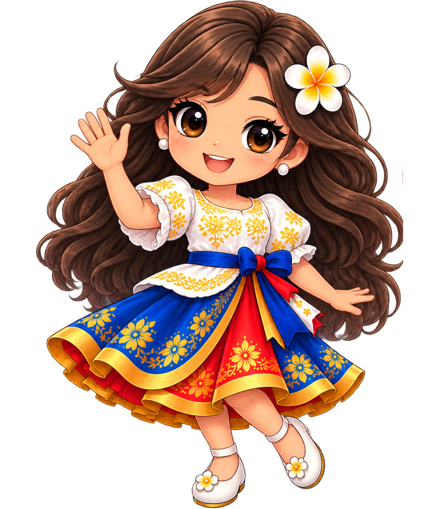 Basya, CEFC's cheerful Filipina girl mascot, waving in her blue, red and gold dress