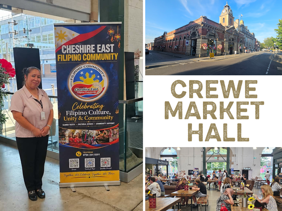 Cheshire East Filipino Community roll-up banner on display at Crewe Market Hall