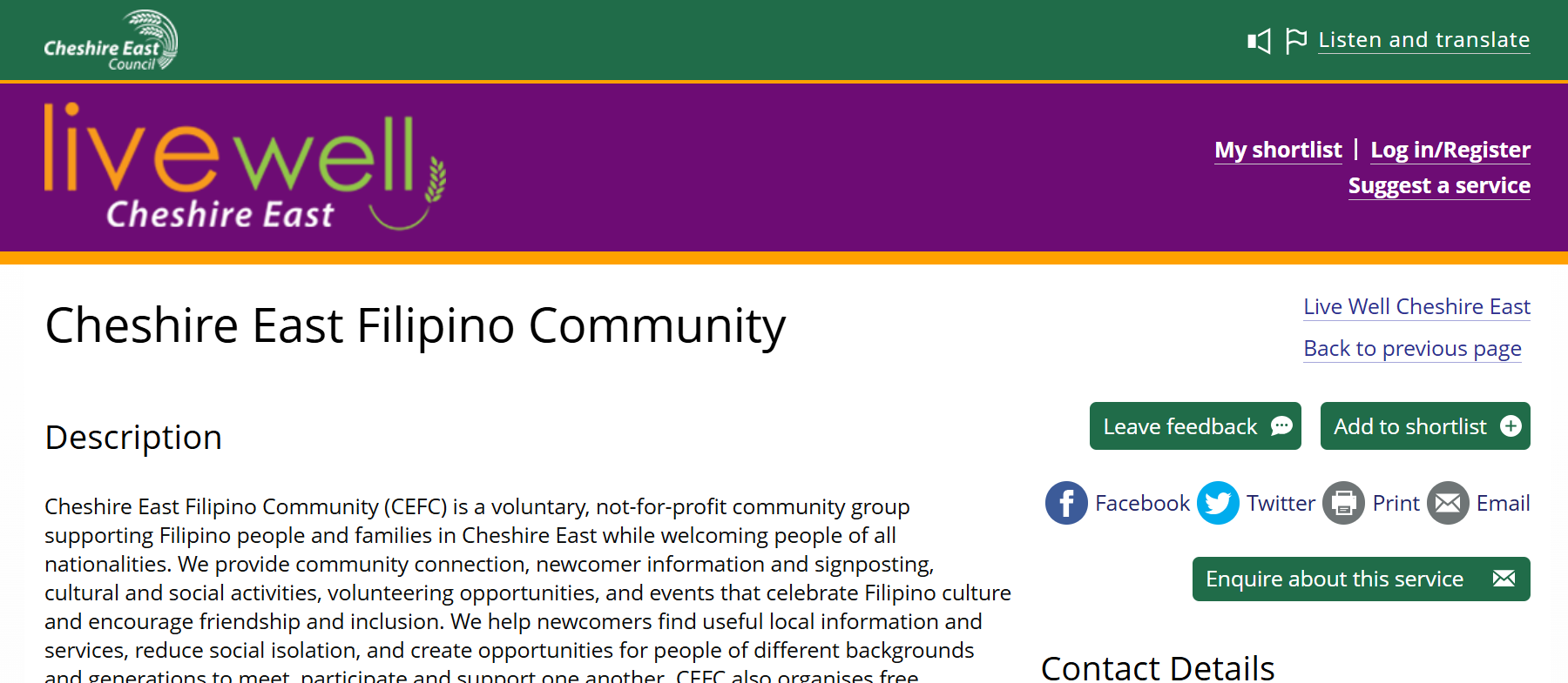 Cheshire East Filipino Community listing on Cheshire East Council's Live Well directory