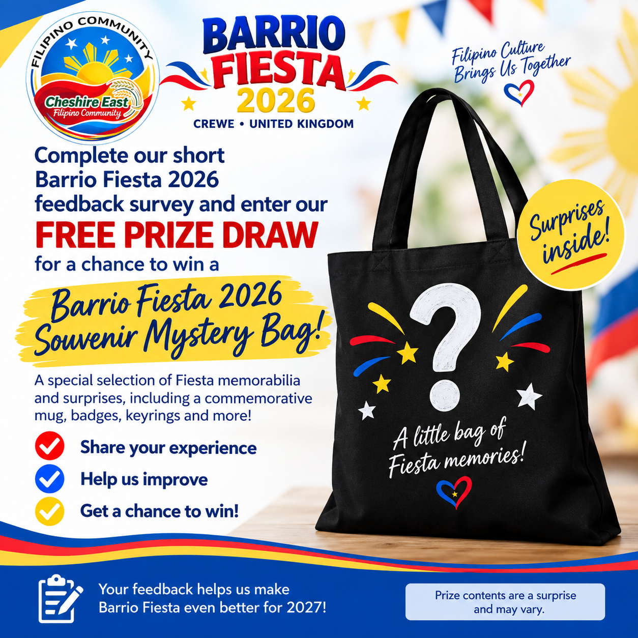 Barrio Fiesta 2026 feedback survey and free Souvenir Mystery Bag prize draw promotional poster. Prize contents are a surprise.