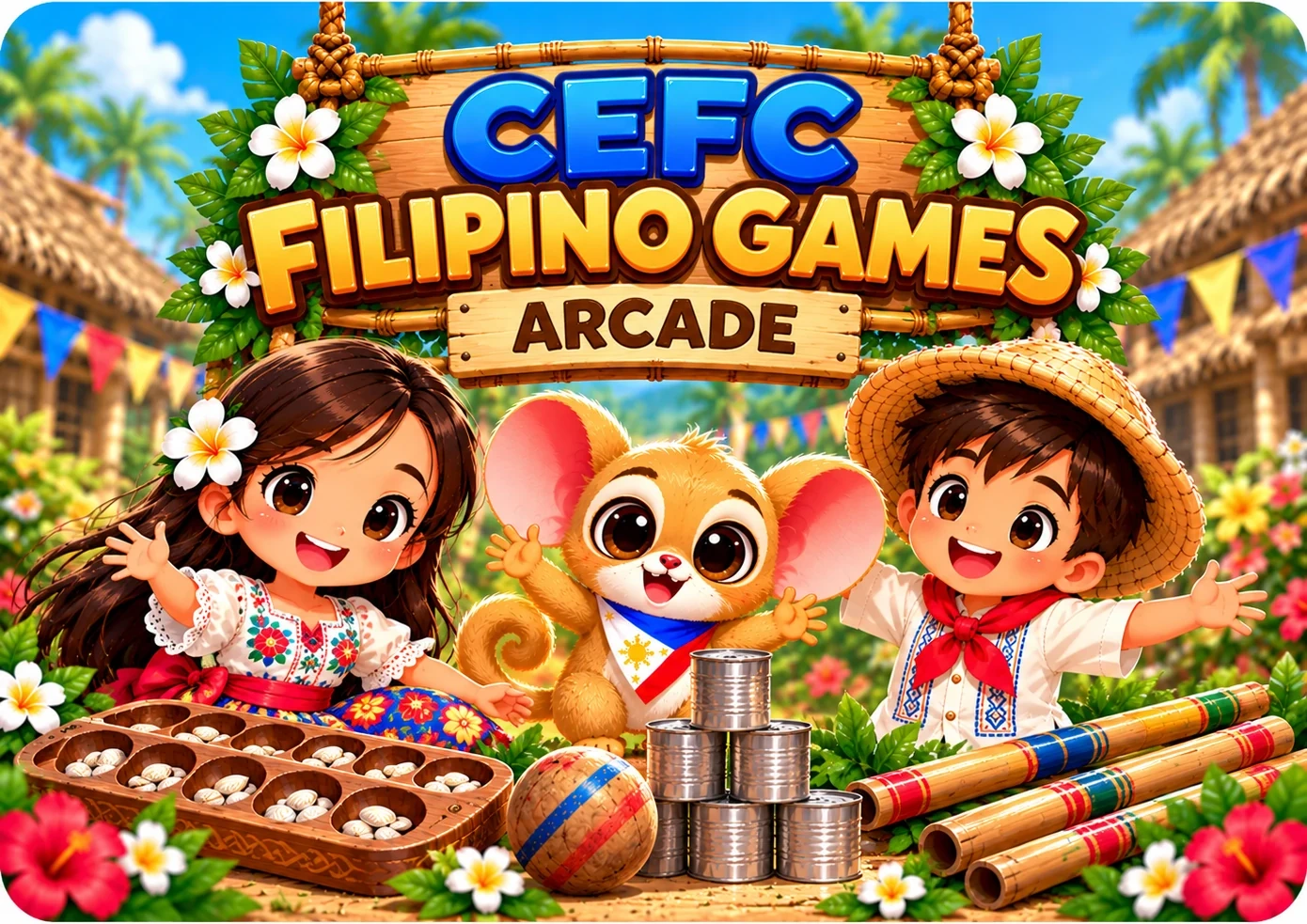 CEFC Filipino Games Arcade banner featuring Basya, Popoy and Andoy in a colourful Filipino village