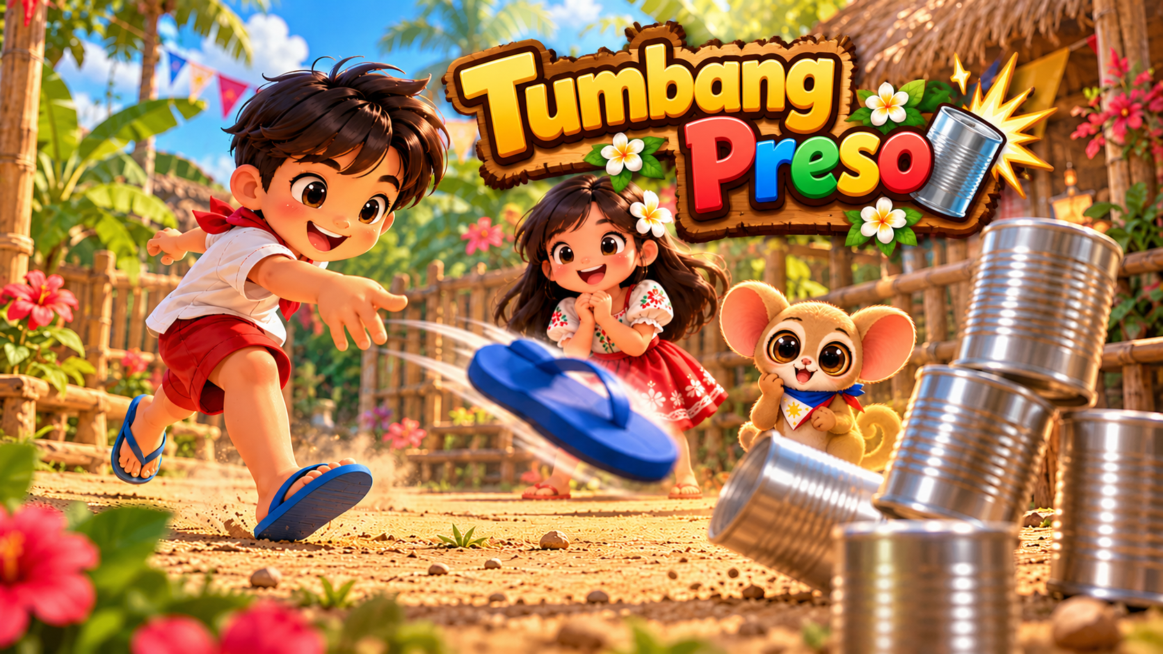 Tumbang Preso: a slipper knocking over tin cans in a colourful Filipino village